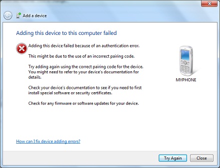 Add a Bluetooth Device - Authentication Failed