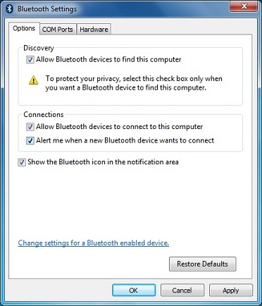 Bluetooth Settings - Options Tab