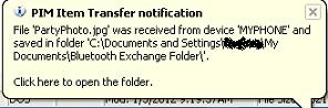 Bluetooth Tray Message - PIM Item Transfer Notification