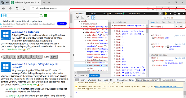 Developer Tools Included in Edge Web Browser