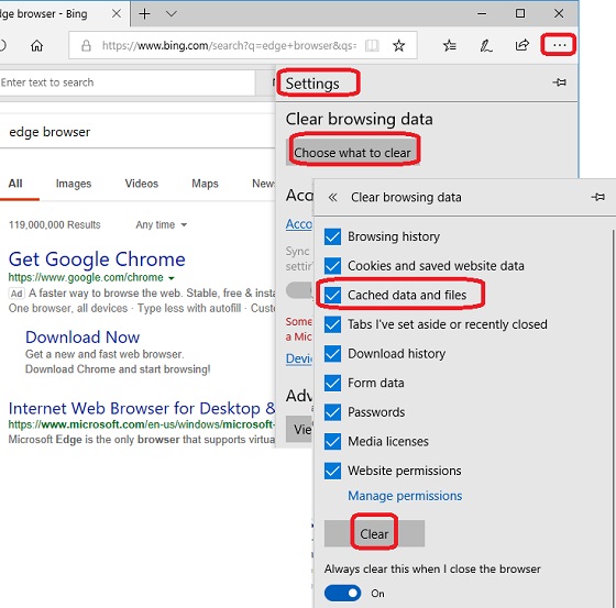 Edge Web Browser Setting - Delete Temporary Files