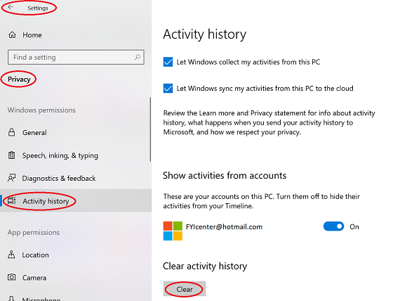 Windows 10 - Clear Activity History