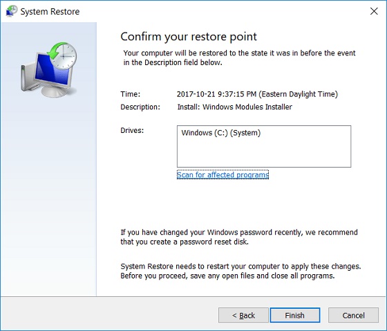 Restoring System to Restore Point