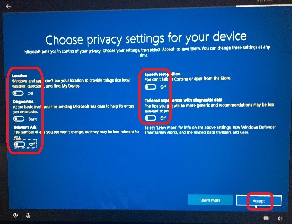Windows 10 Setup - Choose Privacy Settings