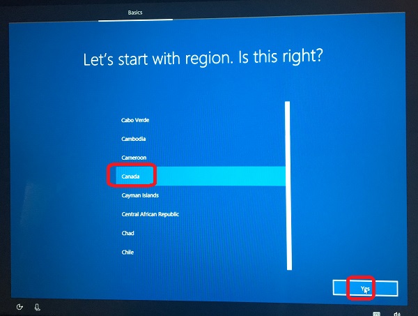 Windows 10 Setup - Select Country or Region