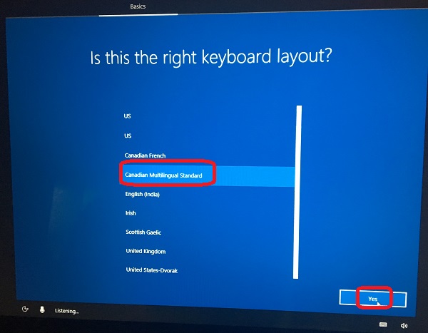 Windows 10 Setup - Select Keyboard Layout
