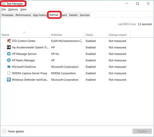 Windows 10 Task Manager - Startup Tab
