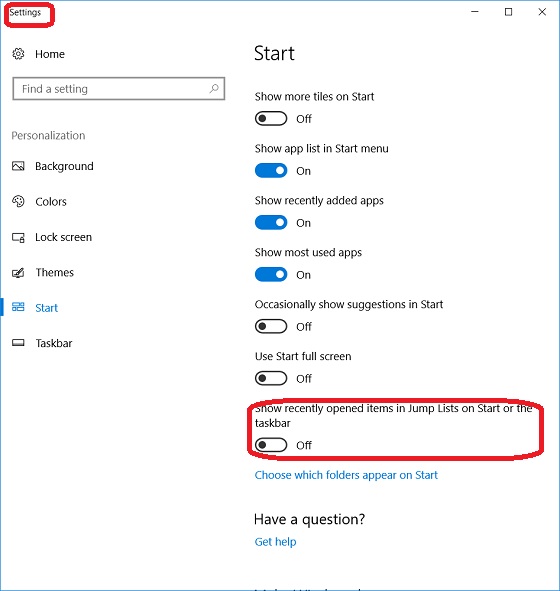 Windows 10 - Turn Off Recent Items