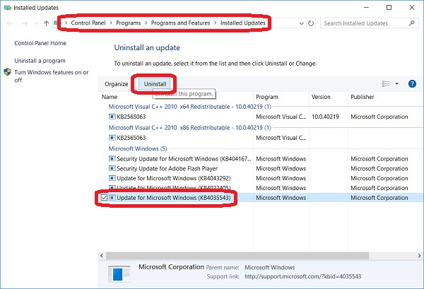 Windows 10 Updates - Uninstall