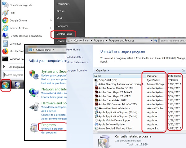 Windows 7 Control Panel - View Installed Programs