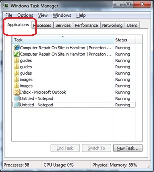 Windows 7 Task Manager - Applications Tab