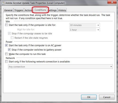 Windows 7 - Conditions of Scheduled Task