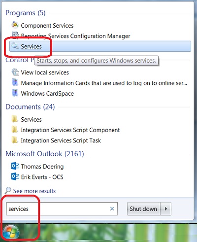 Windows 7 Launching Services Console from Start Search Box
