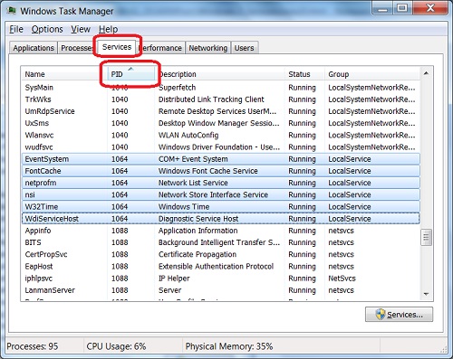 Windows-7 Task Manager - Services Tab