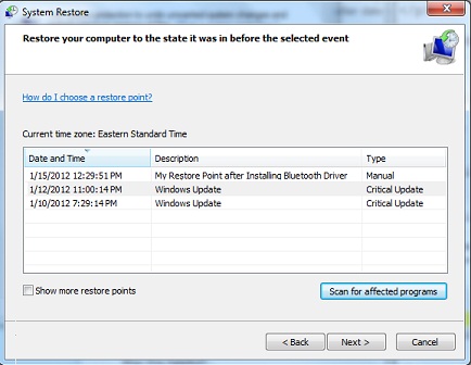 List of System Restore Points