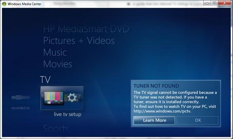Windows Media Center - Live TV Tuner Missing