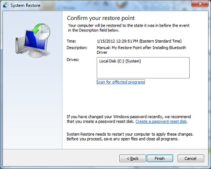Restoring System to Restore Point