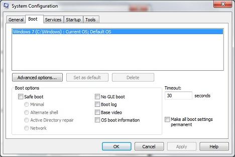 msconfig Tool - Boot Tab