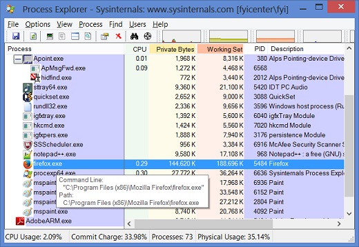 Windows 8 Process Explorer - firefox.exe Processes