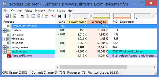 Windows 8 Process Explorer - Top Level Processes