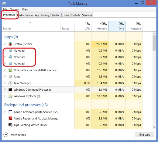 Windows 8 Task Manager - Applications Tab