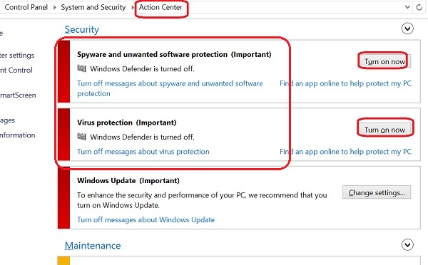 Windows Defender Alert in Action Center