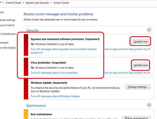 Windows Defender Outdated Warning in Action Center