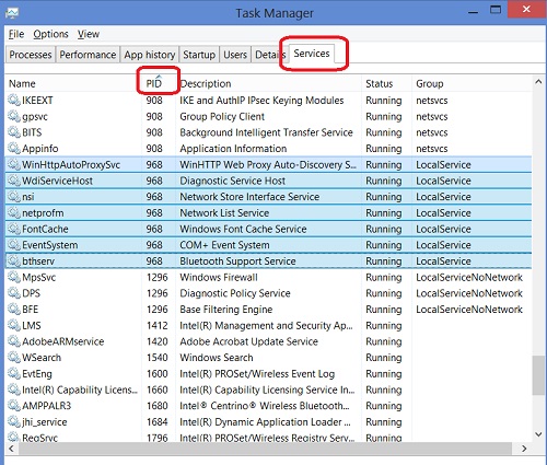 Windows 8 Task Manager - Services Tab