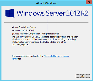 Windows Server 2012 Version and Build Number Screen