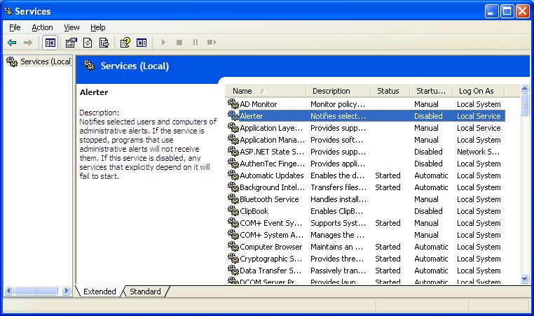 Windows XP Services Console Screen