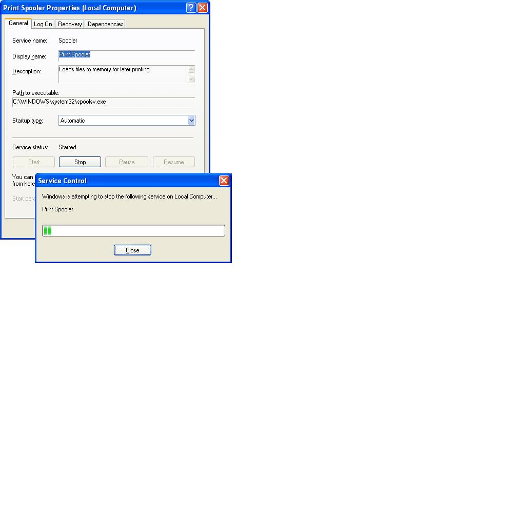 Windows XP Services Console - Start/Stop Service