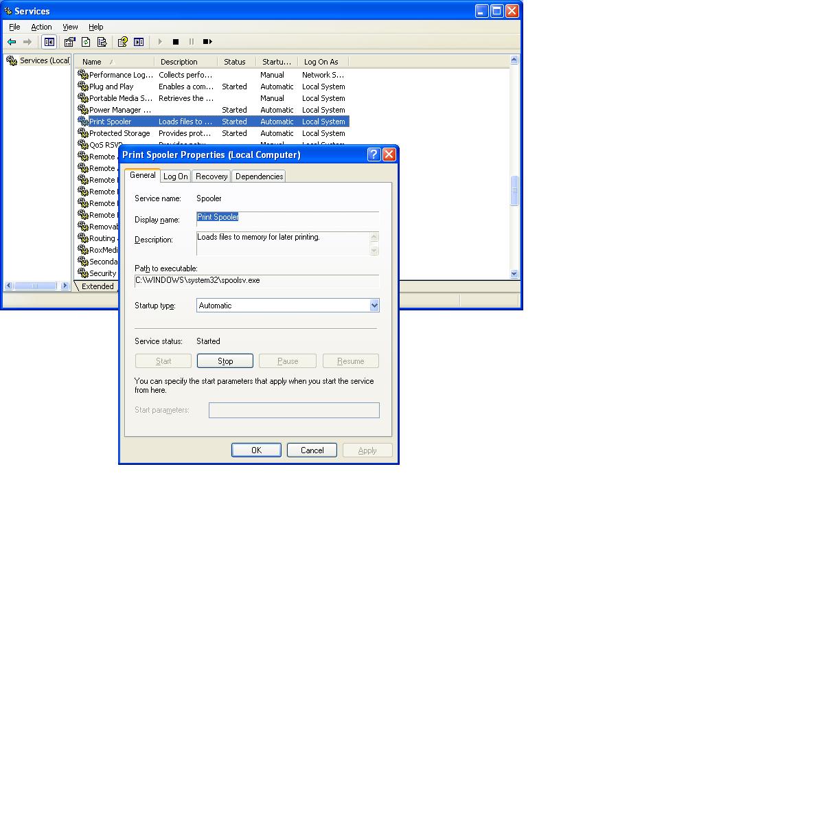 Windows XP Services Console - View Service Details